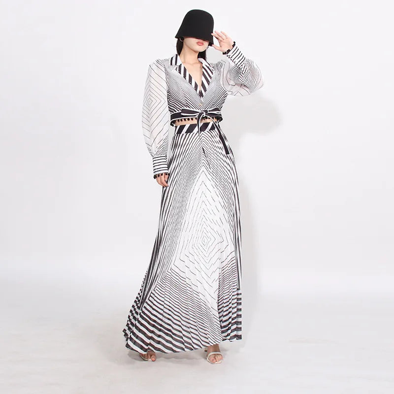 2025 Spring Summer Stylish Striped Lace-up Shirt High-waisted Knee-length Skirt Suit New Commuter Two-piece Set Polyester Fabric