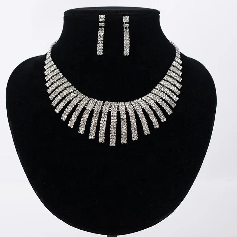Customized Luxury Bridal Jewelry Sets Women Jewelry Silver Rhinestone Necklace Earring Pack Crystal Wedding Jewelry