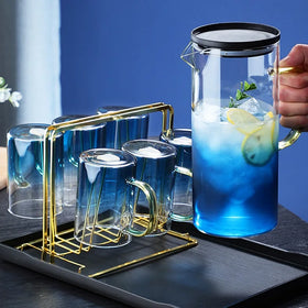Water Drinking Glass Bottle Set Different Color Water Bottle Set Pitcher Glasses with Handle Tray 6pcs Tumbler Water Jug