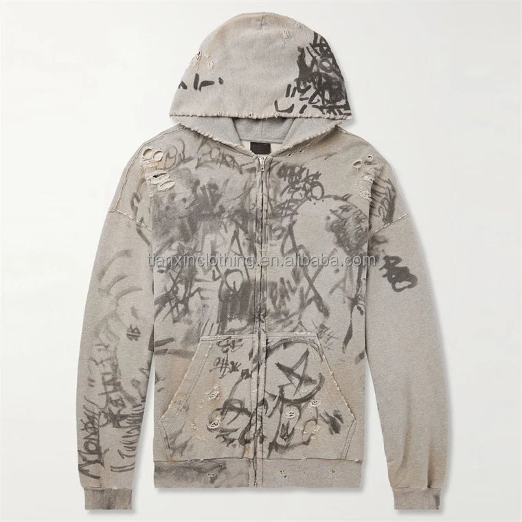 Custom Graffiti Ripped Hoodie for Men Zip up Distressed Hip Hop Streetwear Faded Mud Wash Hoodies Unisex