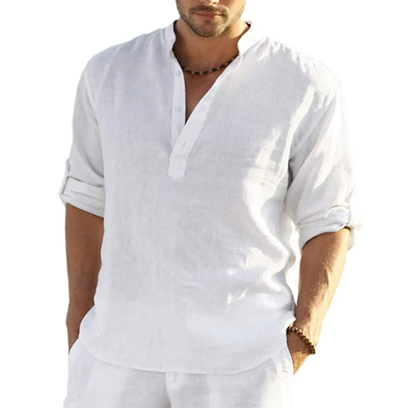Men Shirts Sand Collar V-neck Cotton Linen Solid Color Men's Loose Tops Pullover Blouse T-shirt Casual Shirt