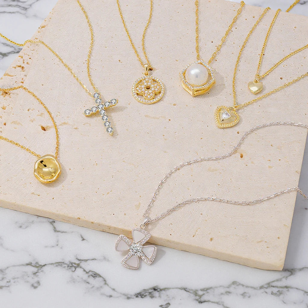 NZA-A Minimalist Freshwater Pearl Gold Plated 925 Sterling Silver Pendant Cross Heart Necklace with 40+6cm Extender for Women