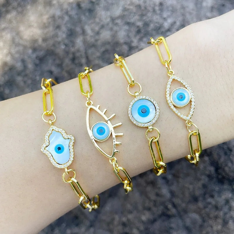 Wholesale Plated Gold Chain Zircon MOP Shell Round Marquise Evil Eye Bracelet for Women 2021 Jewelry