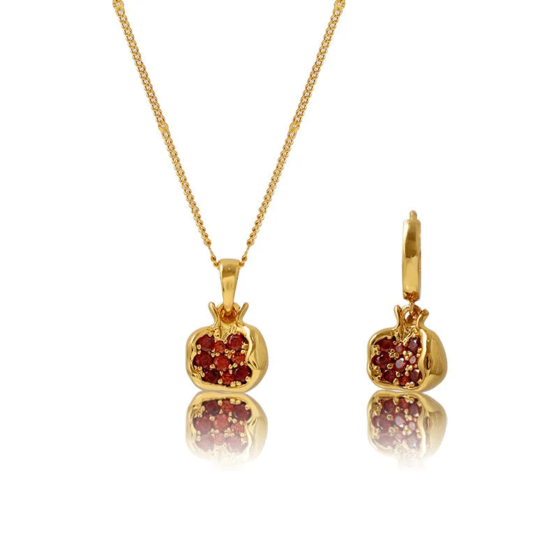 SC Wholesale Fashion Cubic Zirconia Necklace Earrings Gold Necklace Vintage Inlay Red Pomegranate Pendant Necklace for Women
