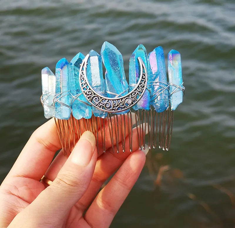 HZ Factory Price Witch Moon HZ Natural Crystal Rainbow Blue Bride Silver Thread Comb