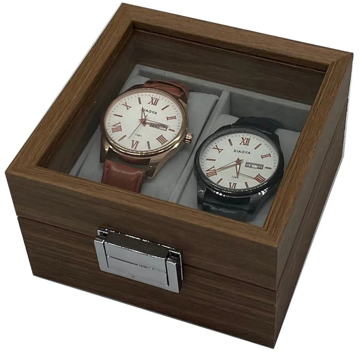 2 Slot Couple Walnut Wooden Watch Display Storage Case Gift Box