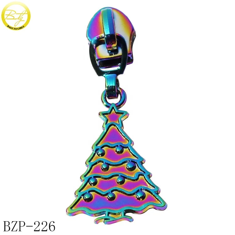Fashion Christmas Tree Puller logo Type Wholesale Embossed Clothing Metal Zipper Slider for Lady Purse