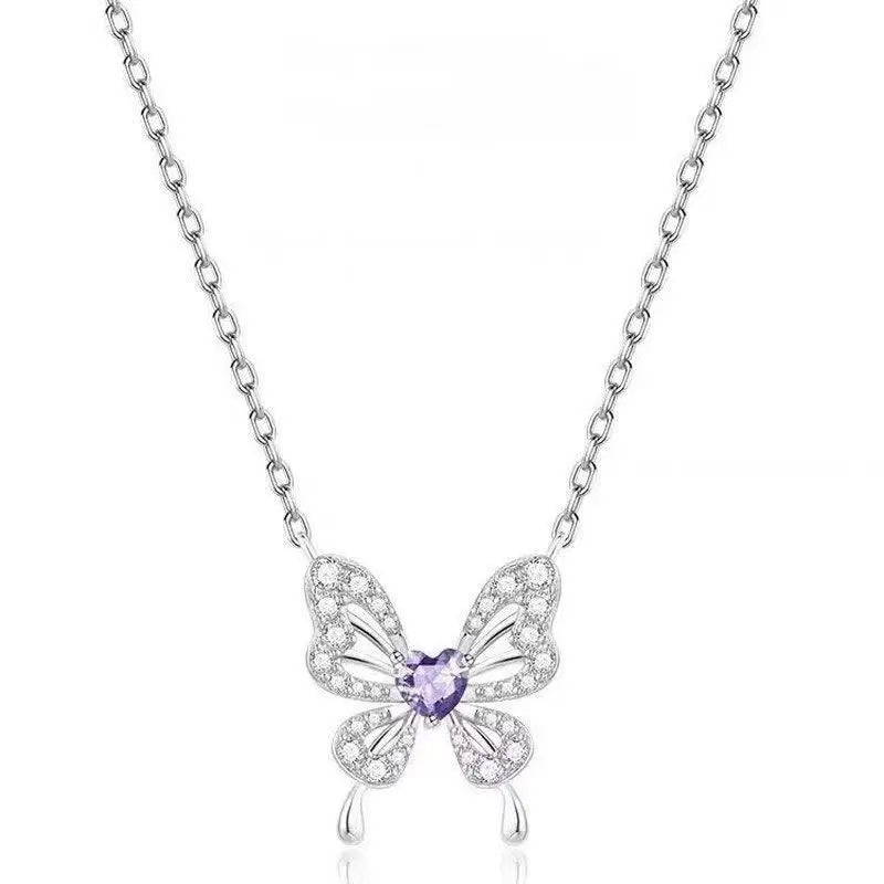 Merryshine 925 Silver Plated Copper  Love Jewelry Women Pave Pink Purple Cz Custom Butterfly Pendant Necklace