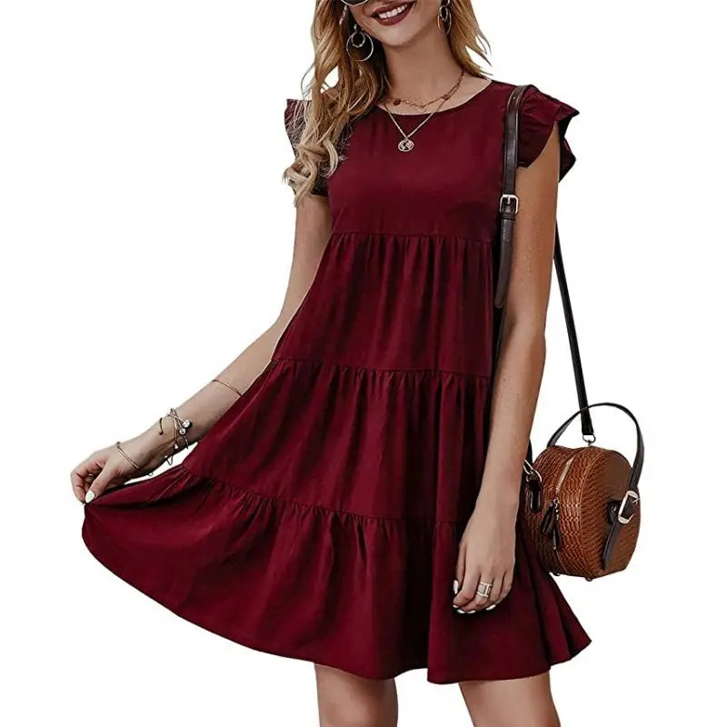 New Fashion Women's Summer Dress Casual Cake Ruffles Big Swing with Pure Color Round Collar Short Sleeve Natural Waistline