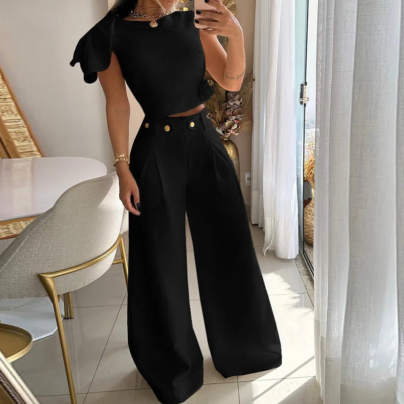 Boutique Wholesale 2026 Autumn European and American New Fashion Petal Sleeve Top High Waist Temperament Pants Women's Set
