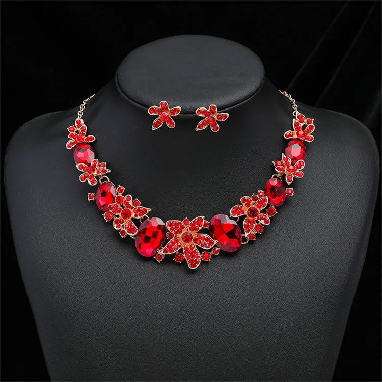 Wholesale Exaggerated Design Luxury Flowers Shape Rhinestone Necklace Earrings Women Zircon Jewelry Set