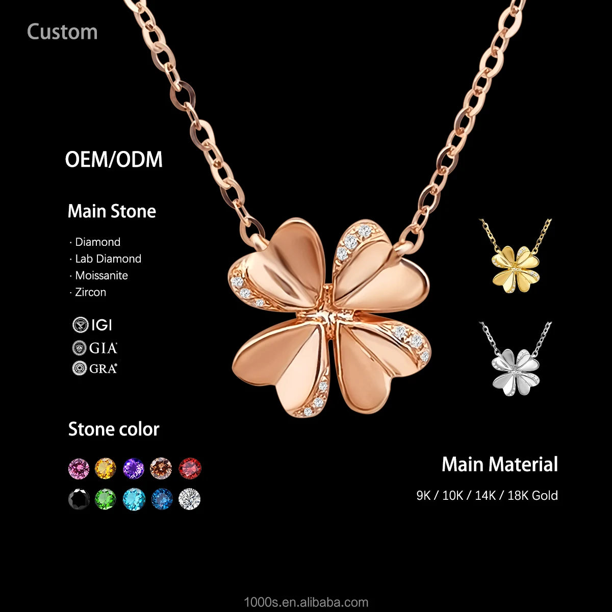 Personalized Initial Four Leaf Diamond Pendant Necklace with 18K Gold Chains for Women-Engagement Anniversary & Party Jewelry