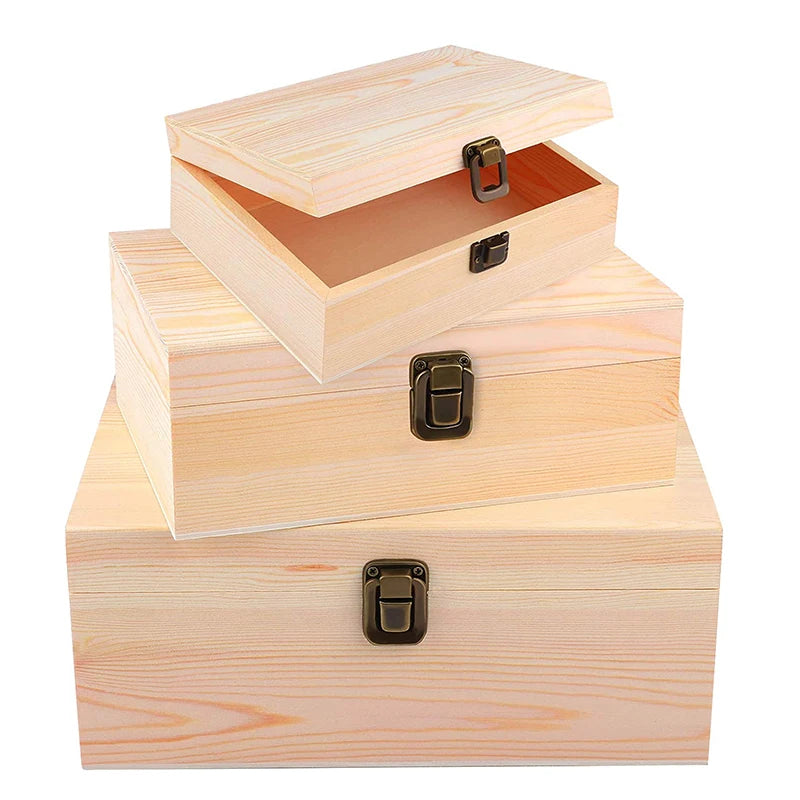 Unfinished Pine Wood Treasure Chest Box Decorative Wooden Box with Locking Clasp Laser Engraved Love Style Christmas Crafts