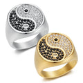 Unisex Minimalist Hip Hop Stacked Statement Yin Yang Band Stainless Steel 18K Gold Zircon Bling Iced Out Signet Tai Chi Ring