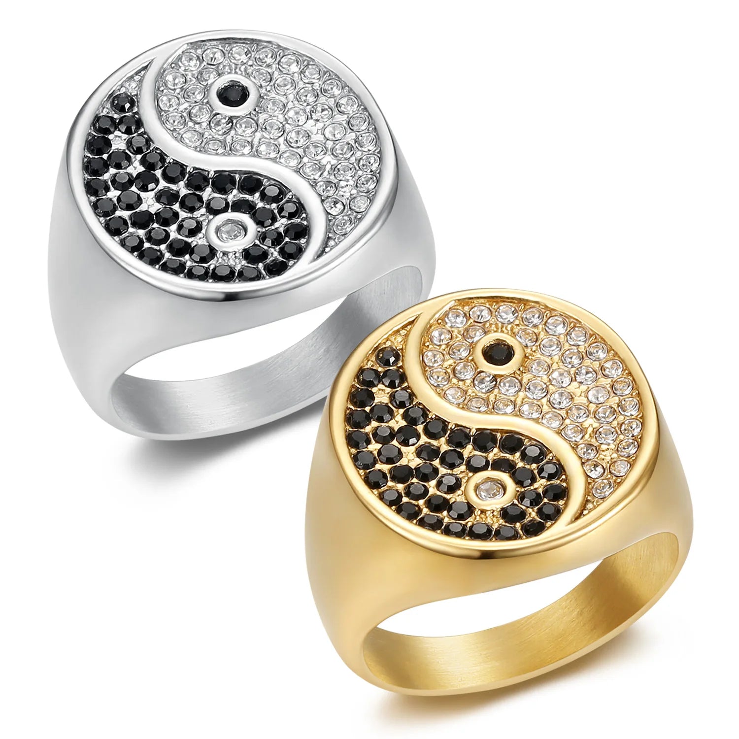 Unisex Minimalist Hip Hop Stacked Statement Yin Yang Band Stainless Steel 18K Gold Zircon Bling Iced Out Signet Tai Chi Ring