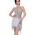 Sparkly Silver Rhinestone Sequin Tassel Party Dress Sexy Fringes Latin Dance Dress Stage Costume Plus Size Women Club Prom Dress
