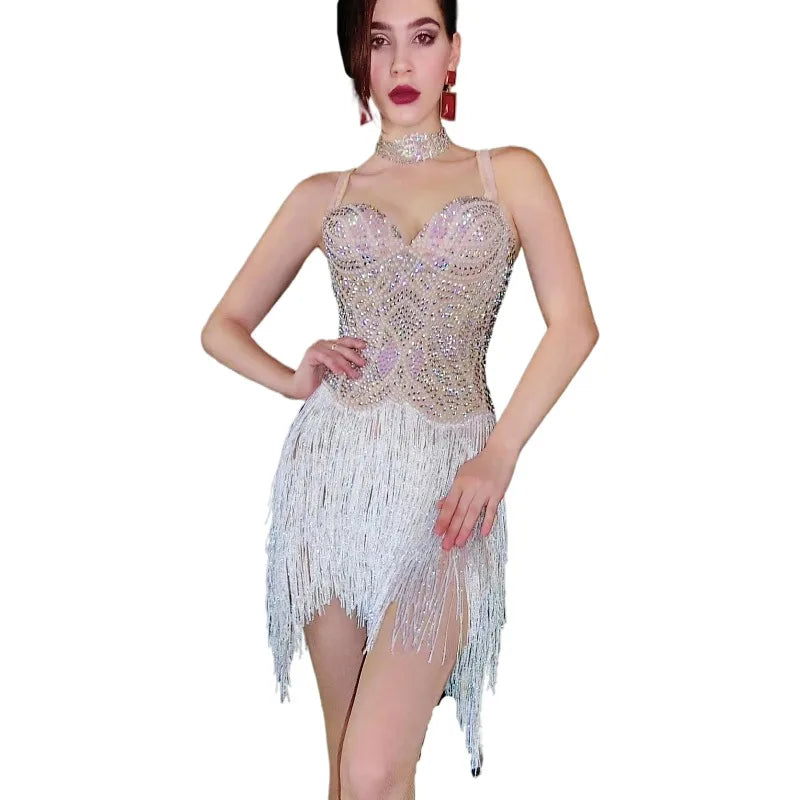 Sparkly Silver Rhinestone Sequin Tassel Party Dress Sexy Fringes Latin Dance Dress Stage Costume Plus Size Women Club Prom Dress