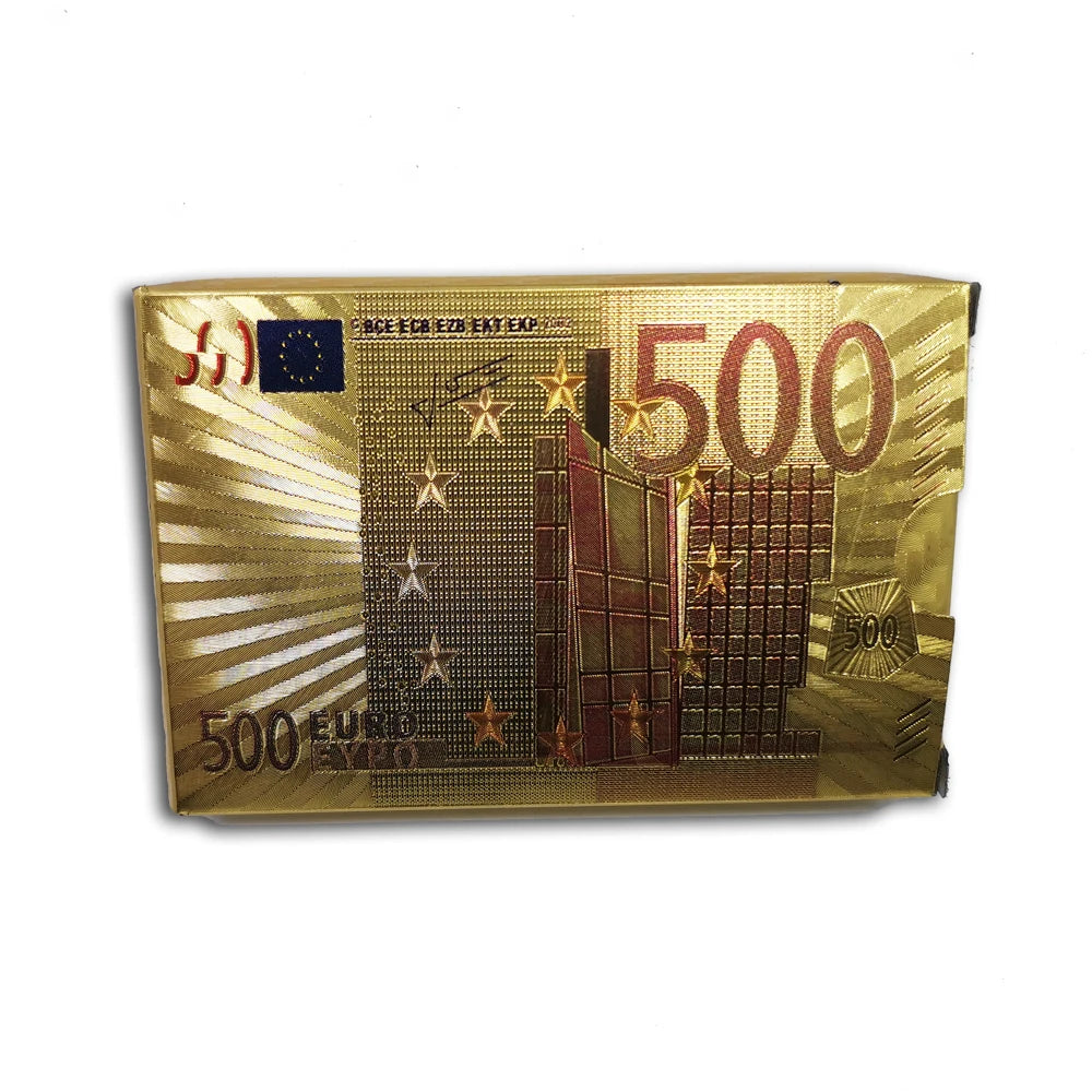 Durable Waterproof Plastic 24K Gold Foil Plated Playing Cards US Dollar and 500 Euros Design for Poker Players Gift Deck