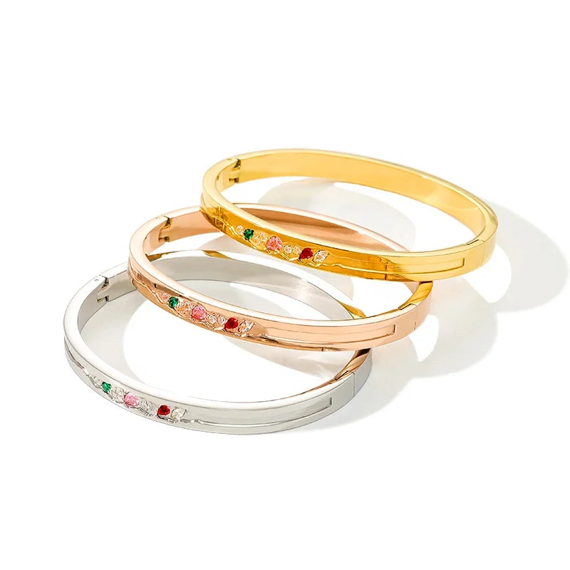 Vintage Stainless Steel Gold Plated Jewelry New Non Tarnish Waterproof Rainbow Cubic Zircon Bangle Bracelet With 6mm Width