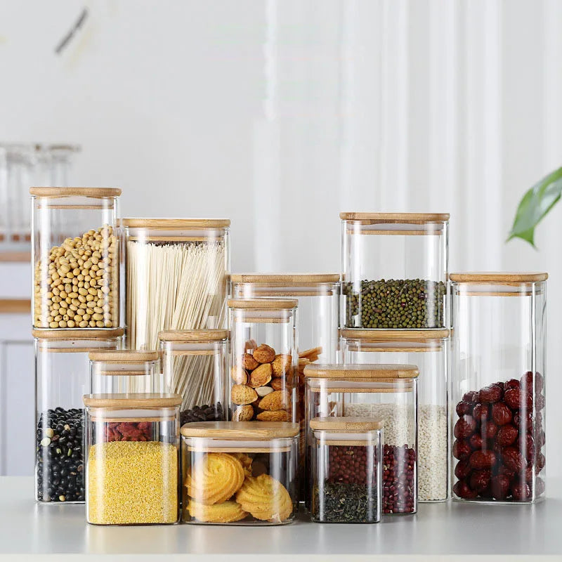 Wholesale Customized 500ml Borosilicate Glass Jars Square Silicone Ring Seal Airtight Food Storage Glass Jars With Bamboo Lids