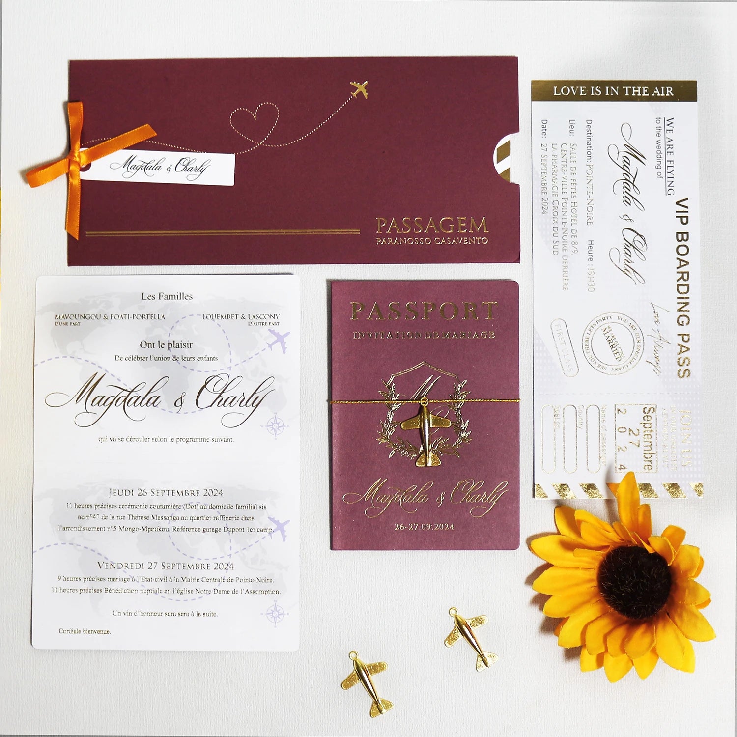 Custom Burgundy Gold Foil Passport Wedding Invitation and Boarding Pass Card with Plane Decoration and Pocket