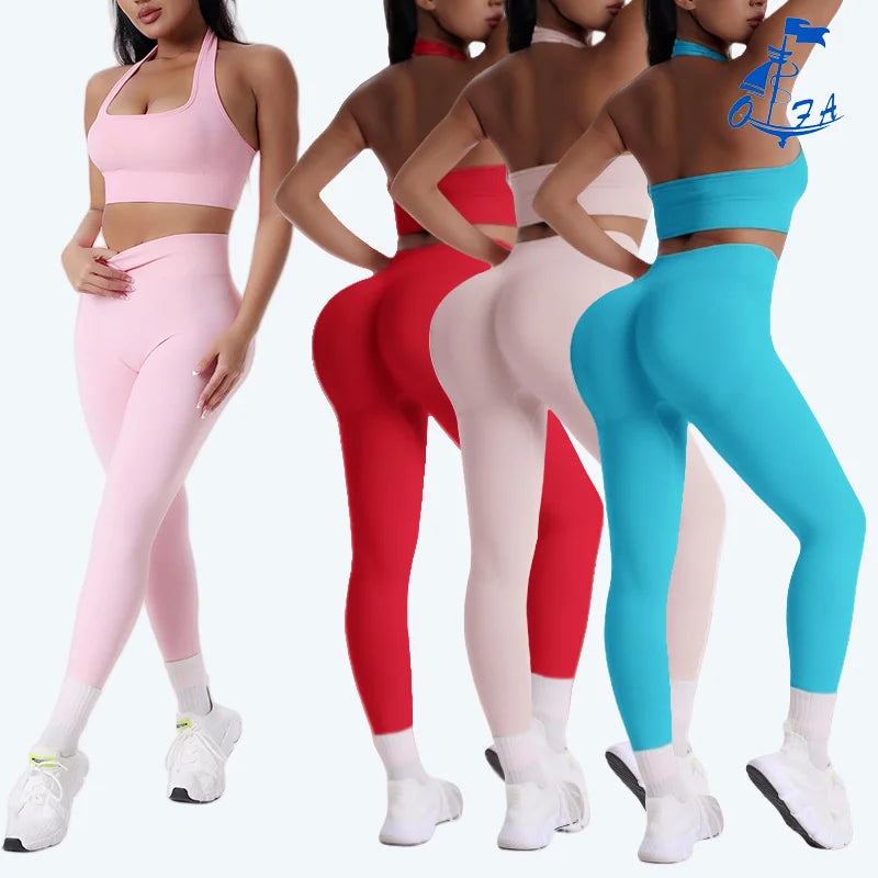 Custom Logo Women Halter Bra Scrunch Butt Leggings Yoga Sets Gym Fitness Sets Active wear Workout Running Clothes Sports wear