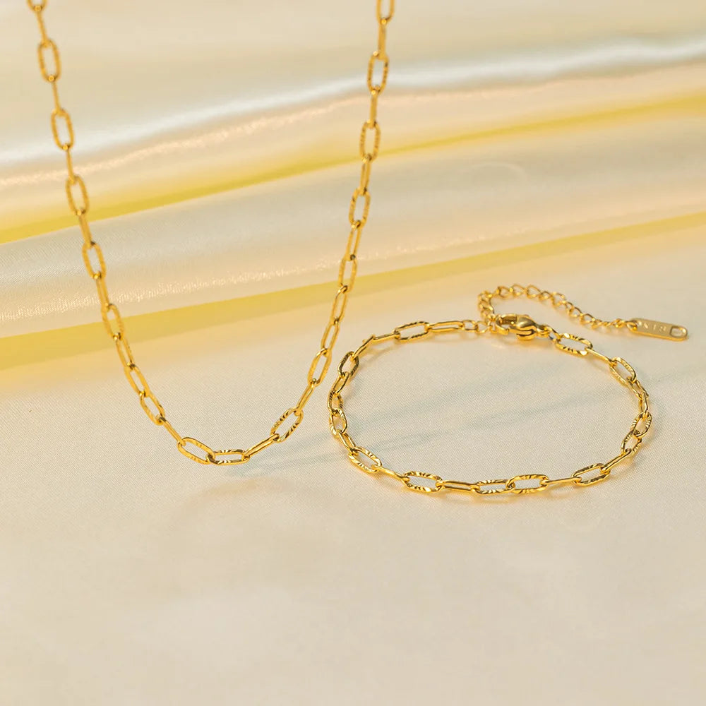 Women Link Chain Necklace Bracelet Set Stainless Steel 18k PVD Gold Plated Paperclip Link Simple Design Bracelet