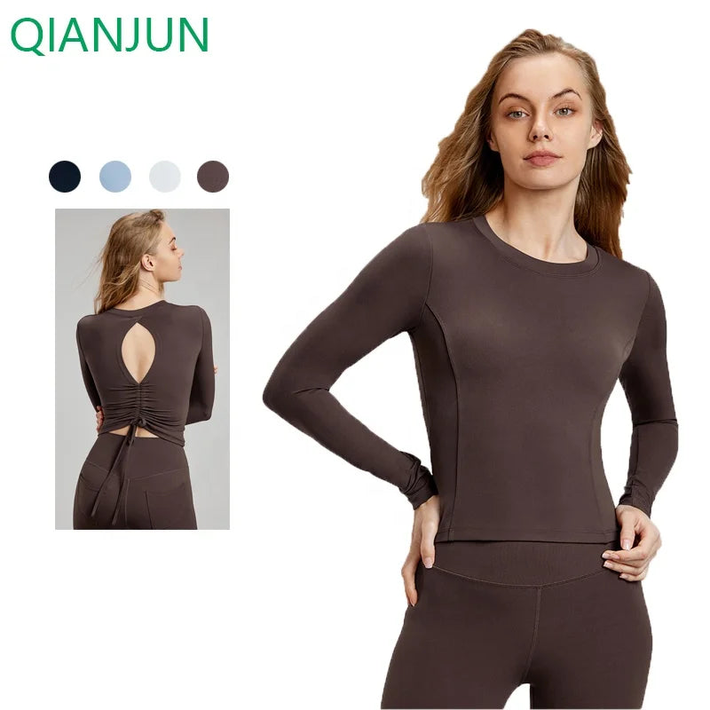 2025 New Women's Outdoor Running Long Sleeve Yoga Top Women's Casual Sports Fitness Hollow Back Crop Top