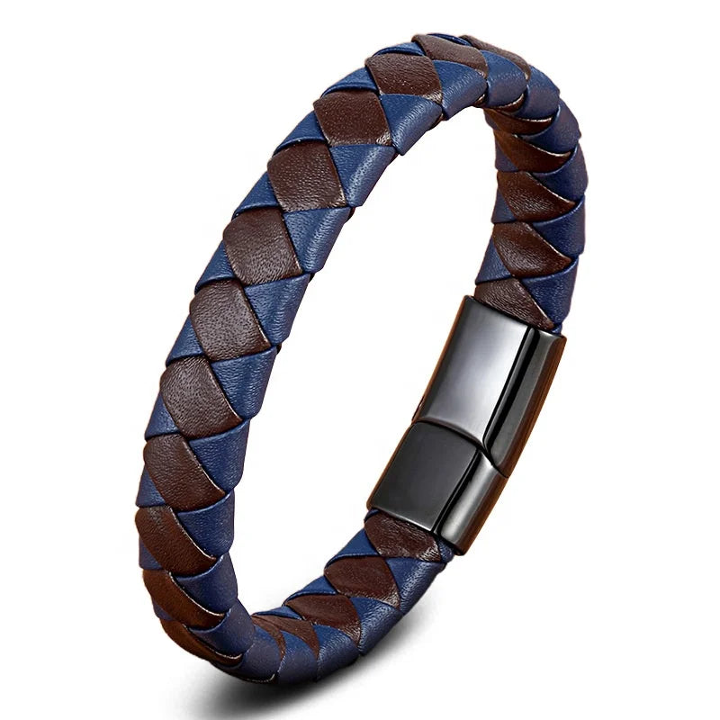 New Design Free Custom logo Engrave Titanium Steel Magnetic Buckle Braided Real Leather Bracelets