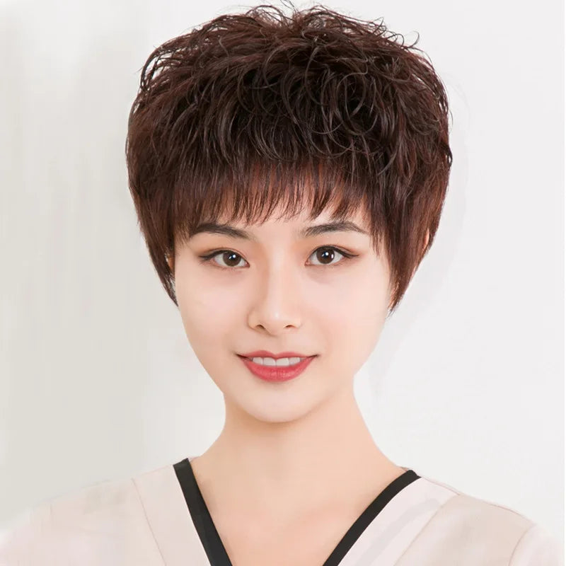 Short Curly Hair Full Headcover Wig Female Short Hair Wig Oblique Bangs Human Hair Natural Middle-aged and Elderly Wholesale