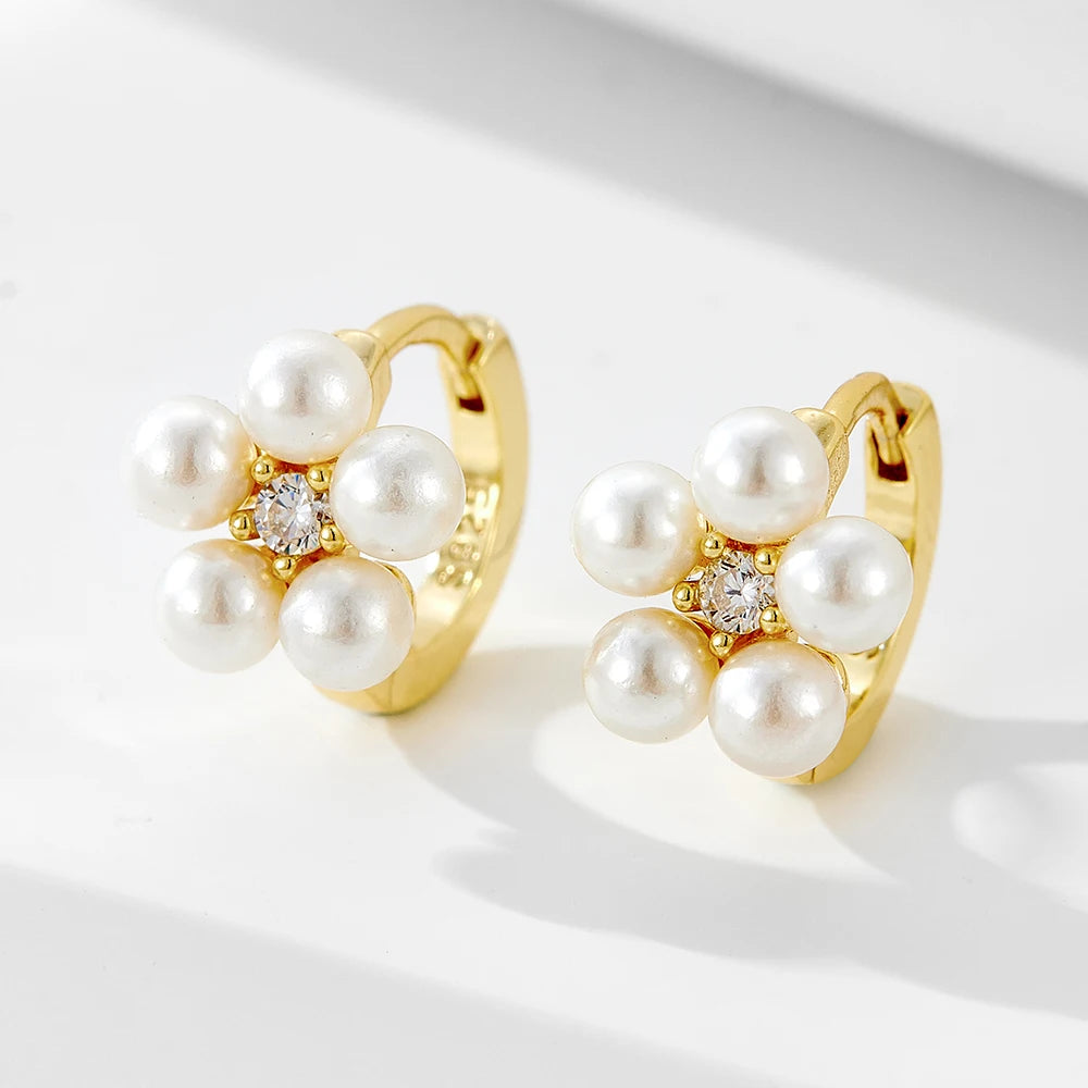 Wholesale Fine S925 Sterling Silver 14K Gold Plated Luxury CZ Zircon Pearl Flower Trendy Huggie Hoop Earrings Weddings Gifts