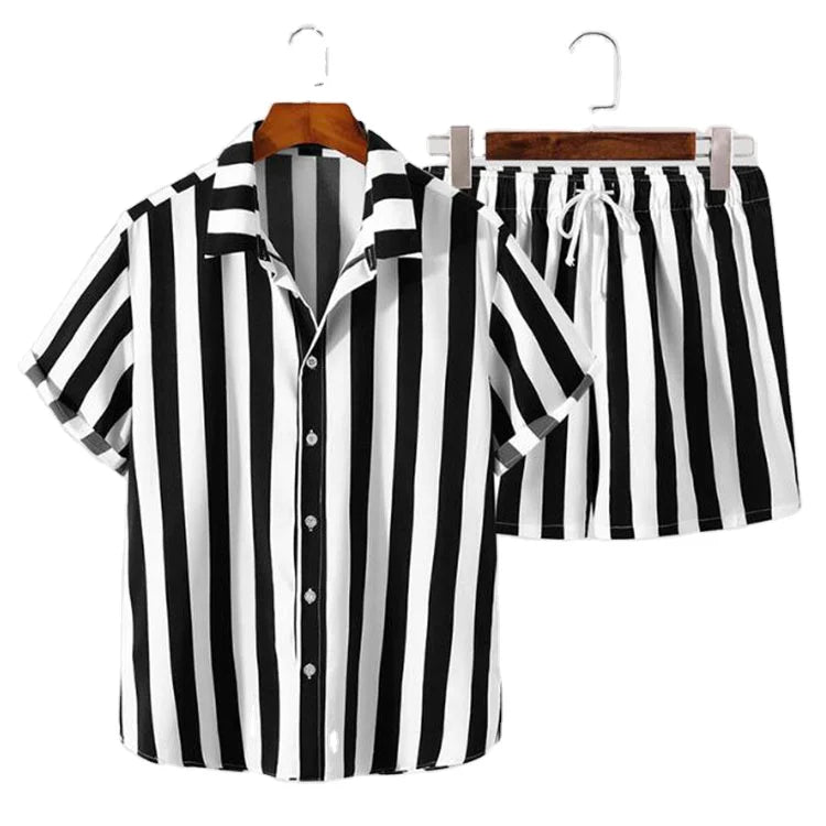 Summer Men Striped Sets Streetwear Lapel Short Sleeve Shirt & Shorts Two Pieces Sets Fashion Hawaiian Men Casual Suits
