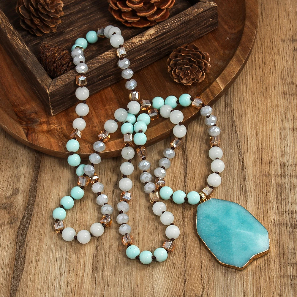 Fashion New Bohemian Women's Jewelry 8mm Natural Stone Glass Knot Necklace Polygonal Natural Stone Pendant Necklace