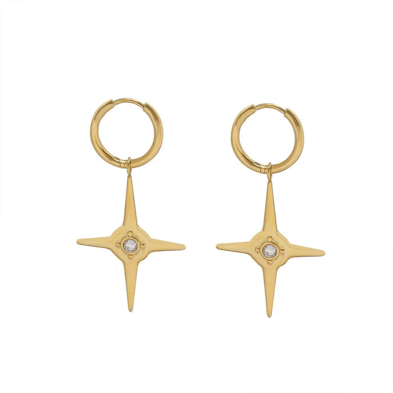 Hip Hop Cold Fashion Brand Design Hexagonal Eight-Pointed Stars Titanium Steel 18K Real Gold PVD Plated Zircon Eardrops