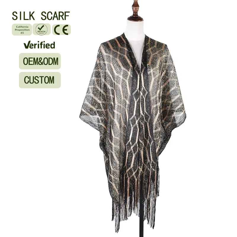 Customized Women's Black Camel Gold Beach Bikini Coat Tassel Shawl Summer Knitted Hollow Cardigan Sunscreen Made Polyester Adult
