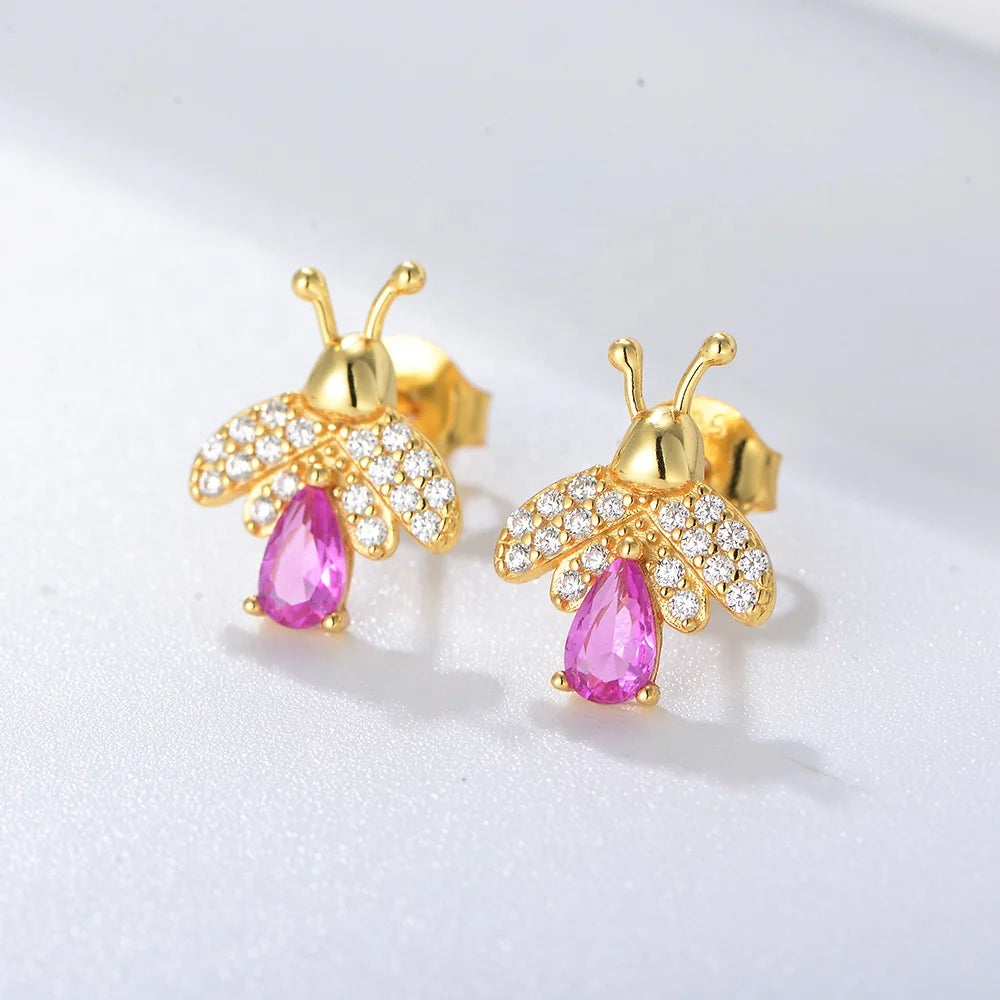 Unique Design Butterfly Wing Back Lovely Earrings 925 Silver Bee Pink Pear Cz Stud
