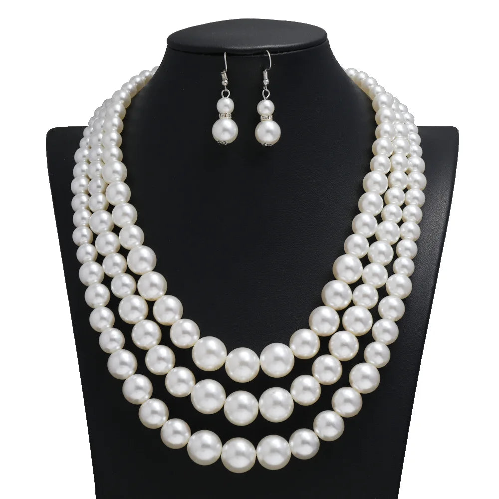 LYX261 Hot Sale Fashion Pearls Jewelry Set Women Multi Layer Pearls Necklace Earrings Set Jewelry
