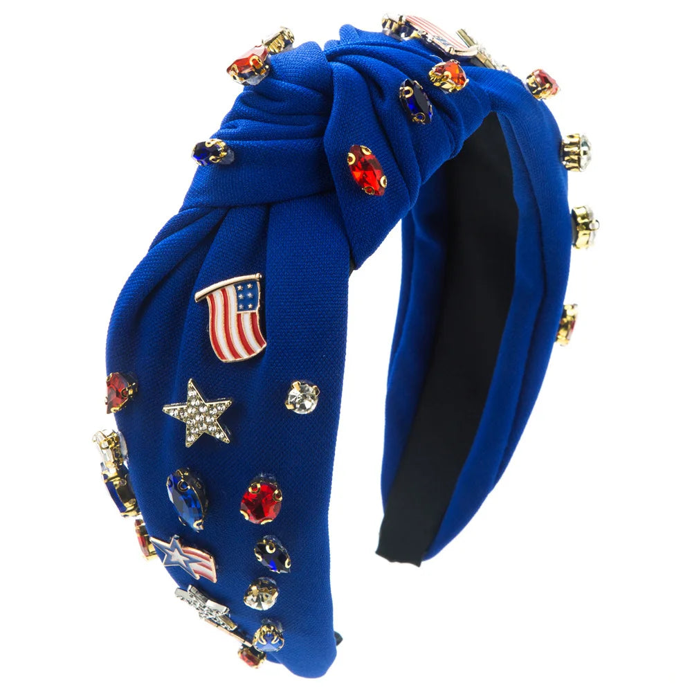 Personalized Handmade Customize White Fabric Festive Charm and Clear Star Rhinestone Knotted Headband for Girl Women