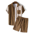 Summer Mens Corduroy Sets Patchwork Short Sleeve Lapel Button Solid Color Shirts Shorts Streetwear Men's Clothing Suits