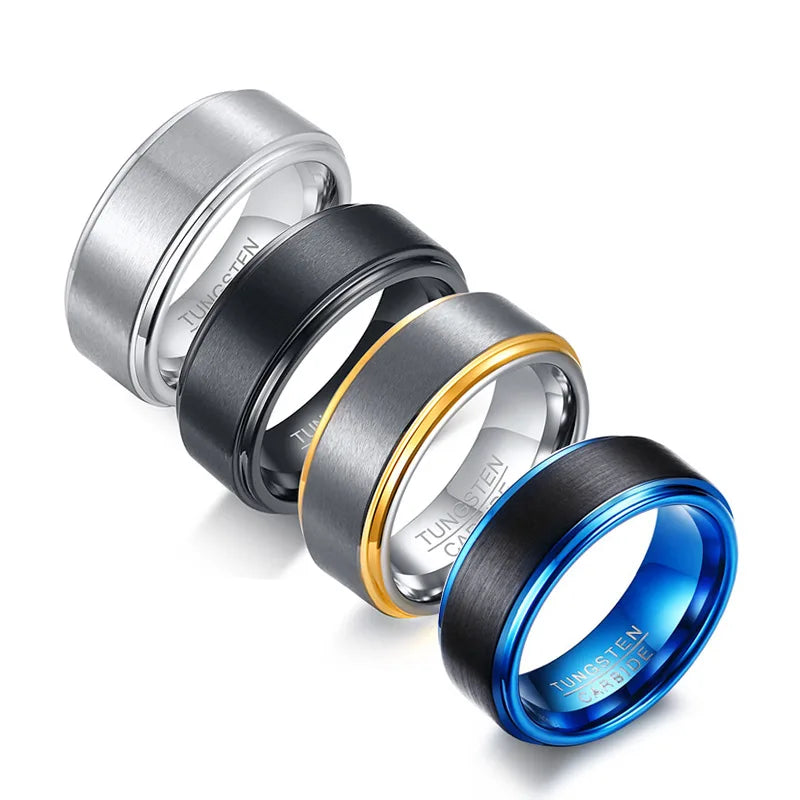Poya Wholesale Custom Wedding Band Step Edge Brushed 8mm Silver Blue Gold Black Tungsten Carbide Ring for Men