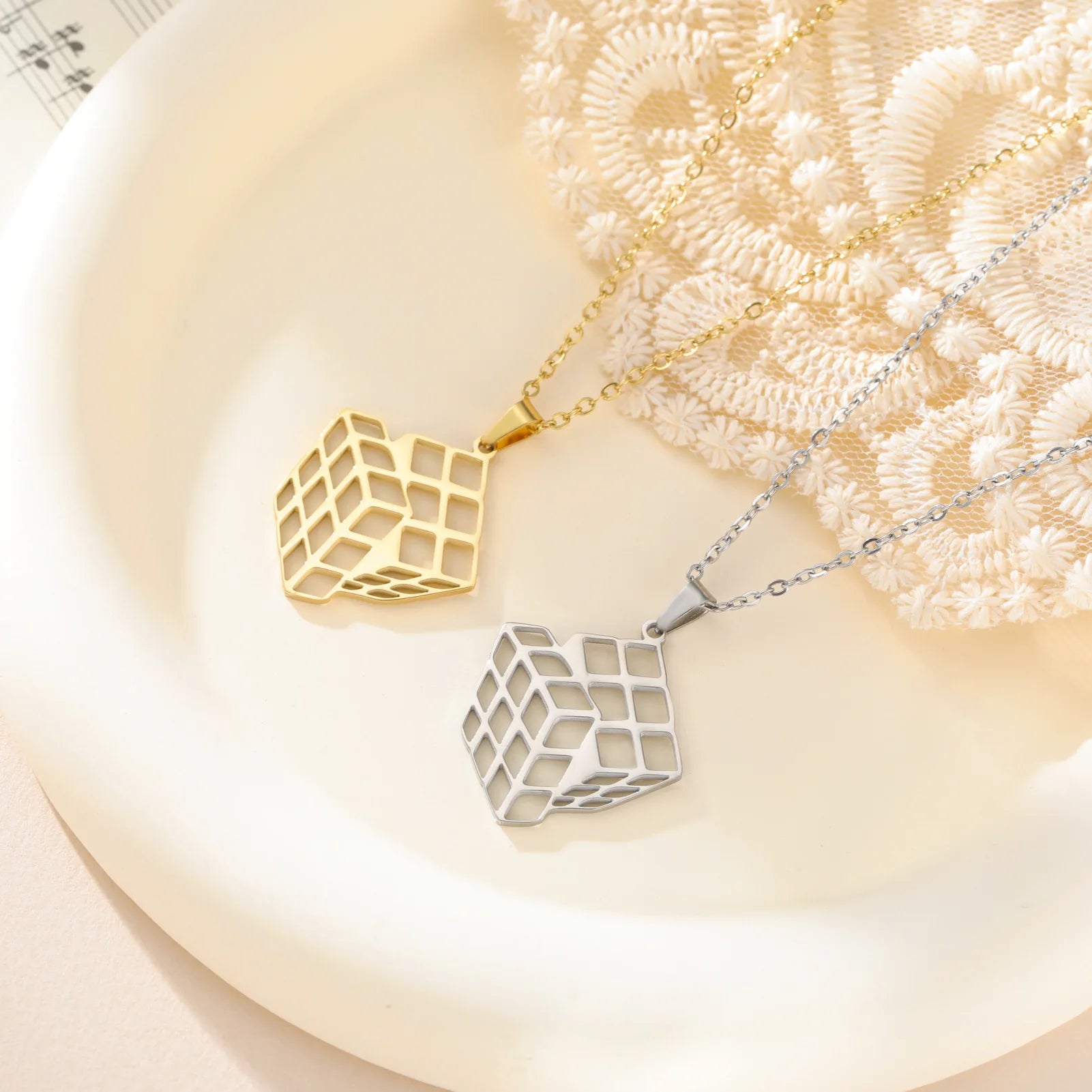 New Rubik's Cube Stainless Steel Pendant 18K Real Gold Electroplating DIY Jewelry Accessories Fashion Handmade Necklace