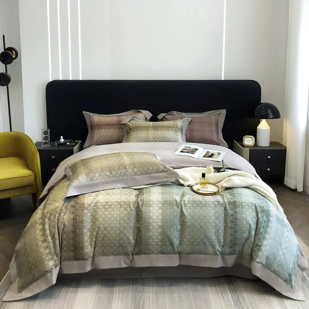 Hot Selling Green 100s Cotton Digital Printing Bed Linen Coverlets with 2 Soft Pillow Shams Duvet Cover Queen Size Bedding Set