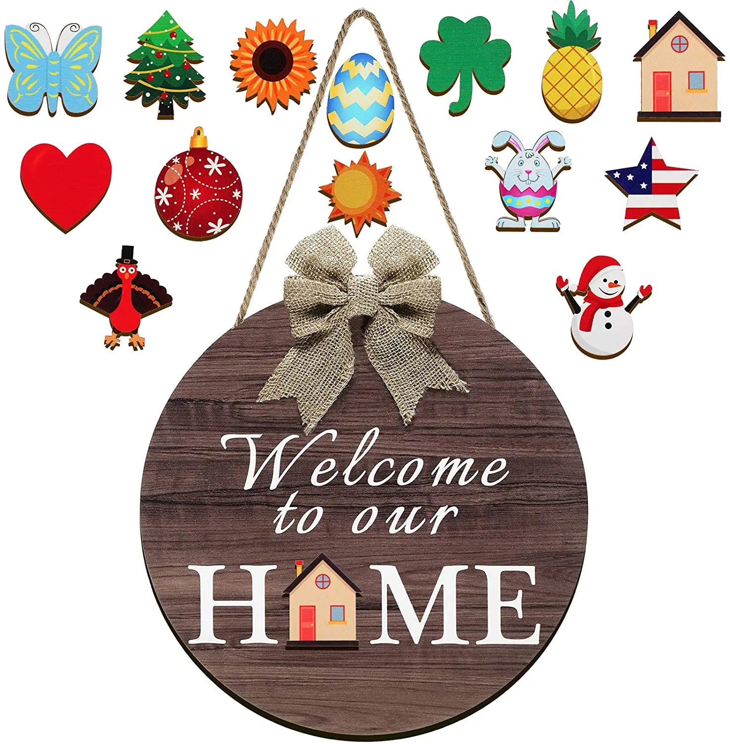 Welcome Sign for Front Door Wood Gnome Door Hanger Seasonal Welcome Sign With Interchangeable Holiday Pieces Eight Accessories