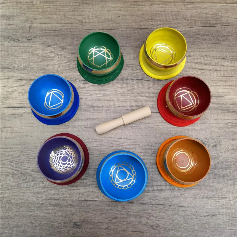 Tibetan Singing Bowl Set Handmade 7 Colors Chakra Healing Relaxation Stress Relief Spiritual Singing Bowl Comes Silk Cushions