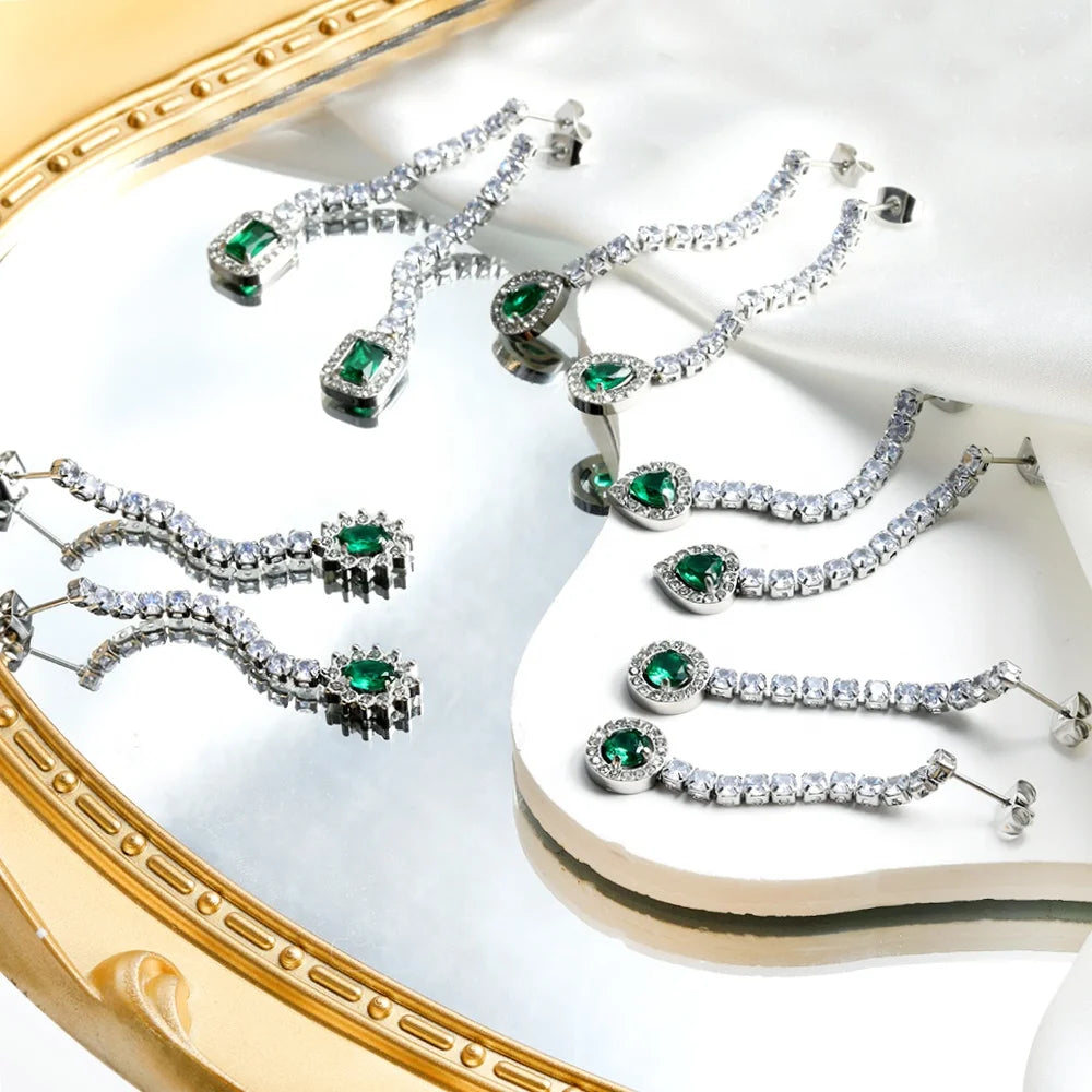 Green White Heart Shaped Cubic Zirconia Tassel CZ Tennis Chain Dangle Women Earring Full Diamond Drop Stainless Steel Earrings