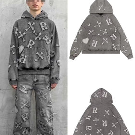 Wholesale Custom Pullover Oversized Vintage Heavy Cotton Acid Stone Washed Distressed Applique Patch Embroidery Hoodie for Men