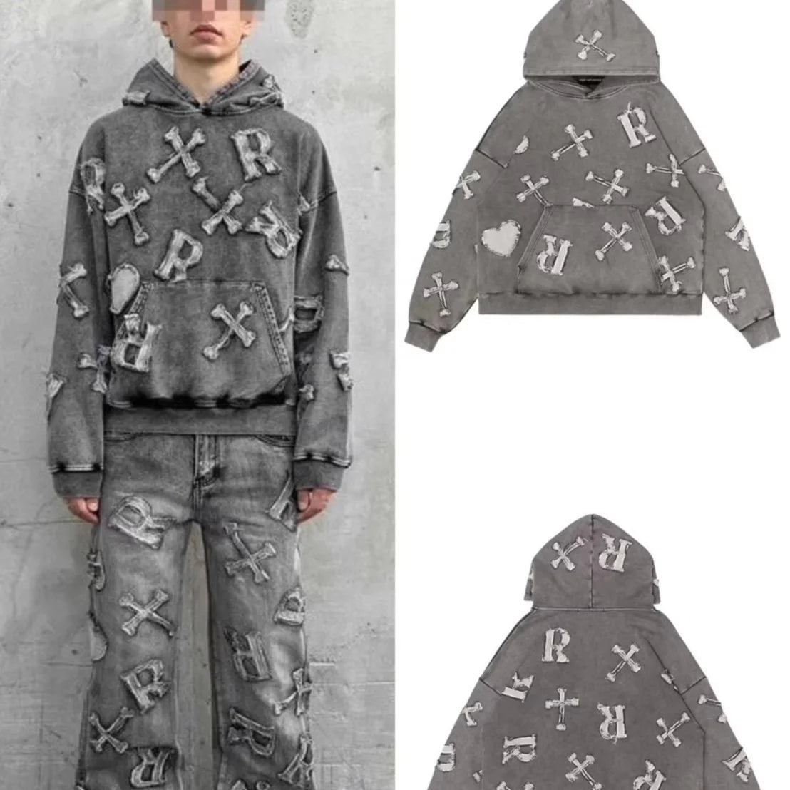 Wholesale Custom Pullover Oversized Vintage Heavy Cotton Acid Stone Washed Distressed Applique Patch Embroidery Hoodie for Men