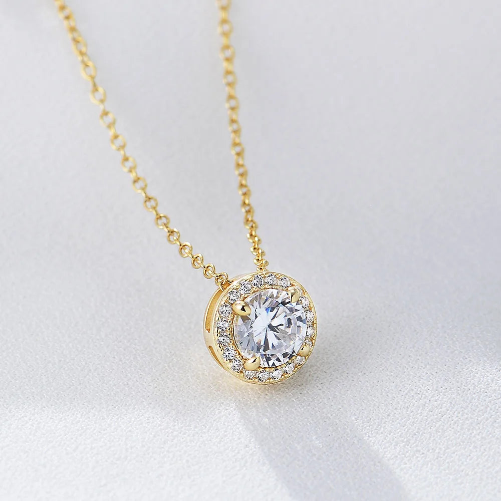 Lady Fashion Wedding Jewelry 14k Gold Plated Elegant Sterling Silver 925 Round Brilliant Cut Zircon Diamond Necklace Jewellery