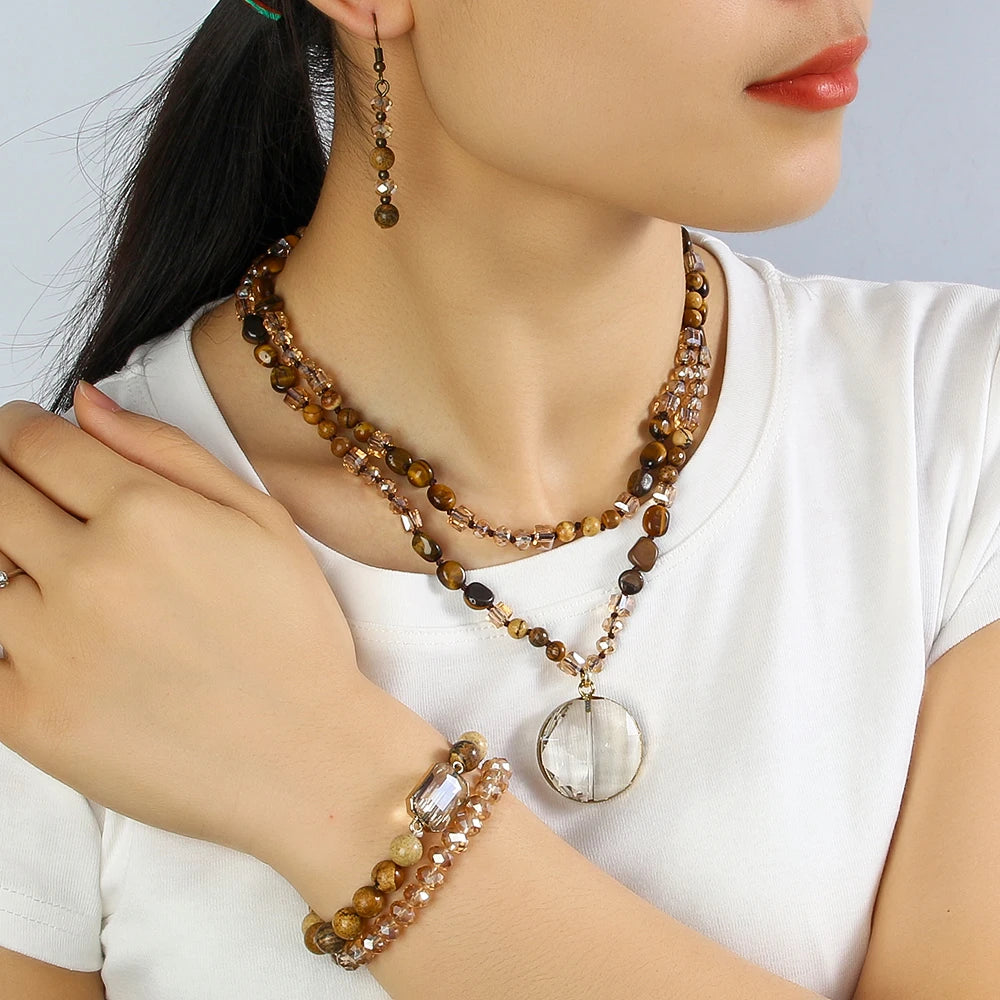 Retro Bohemian Style Natural Stone Glass Necklace Elastic Bracelet Dangle Earrings Round Faceted Glass Pendant