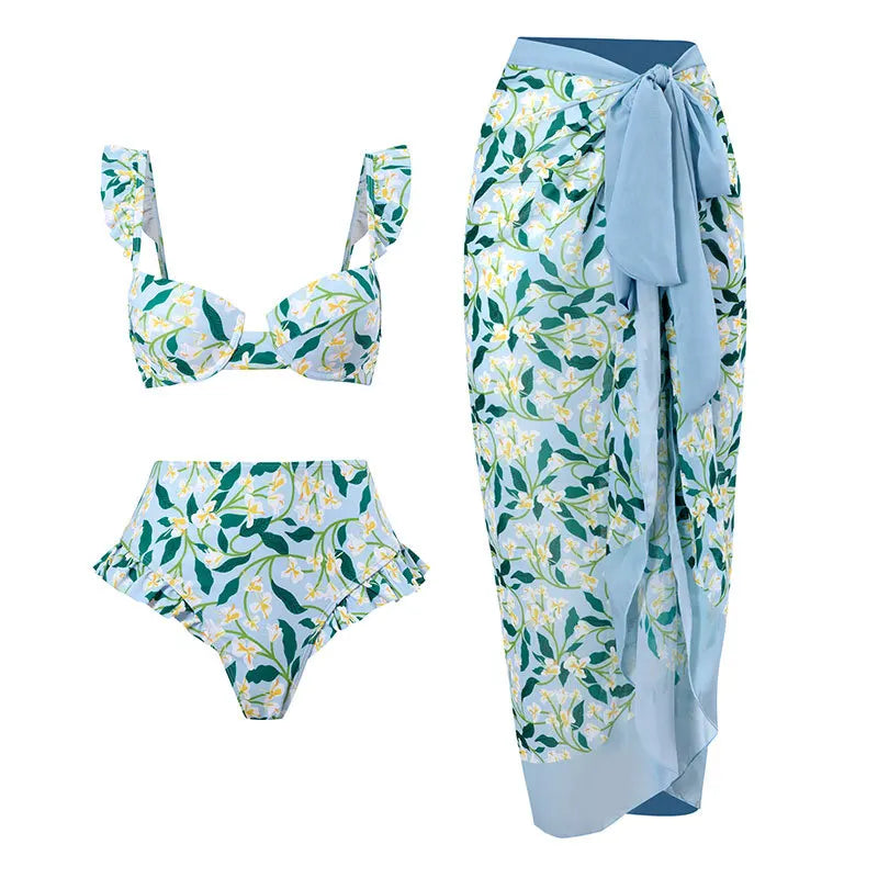2023 New Design Swimwear Beachwear Ruffled High Waist Bikini Set With Cover up Swim Suits Women Bikini Set Bikinis & Beachwear